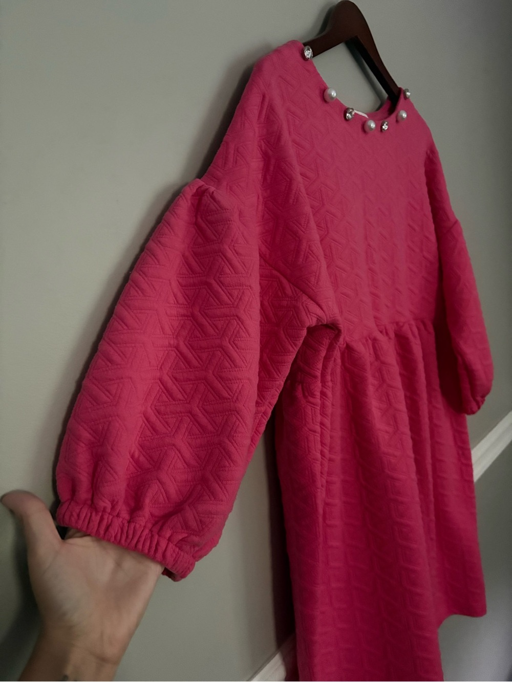 Simply Southern Quilted Pearl Rhinestone Mini Dress L Pink Babydoll - Picture 4 of 9